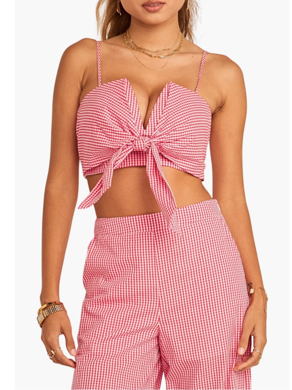 English Factory Red Checked Gingham Tie-Front Crop Top